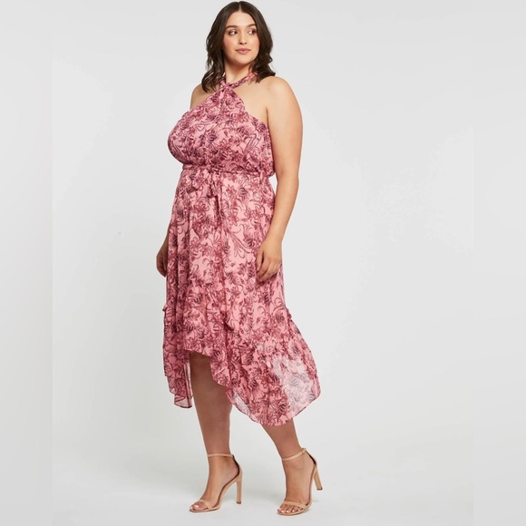 Estelle Red Sophia Floral Halter Neck Midi Dress Tiered Skirt  Size 2X/20W NWT - Picture 1 of 15